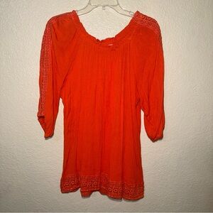 Westport Women’s 2X Orange Lace Trim Stretch 3/4 Sleeve Flowy Blouse